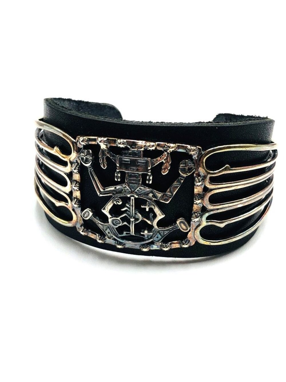 Fritz Casuse Navajo Carolyn Pollack Black Leather Sterling Silver Cuff Bracelet